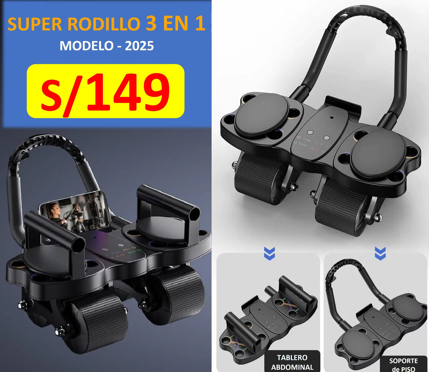 SUPER RODILLO ABDOMINAL DE 4 RUEDAS y 4 CODERAS + ACCESORIOS