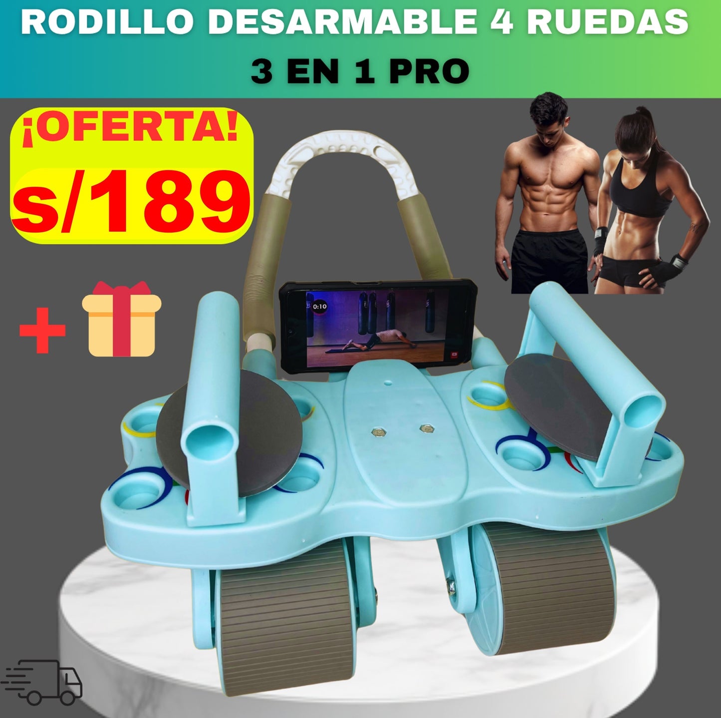 SUPER RODILLO ABDOMINAL DE 4 RUEDAS y 4 CODERAS + TABLERO DE FLEXIONES 3 EN 1