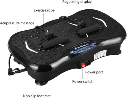 Plataforma vibratoria- capacidad 150 kilos para cuerpo completo de 99 y 120 velocidades, 5 modos, 2 ligas, imanes, pantalla, bluetooth, música, control remoto.