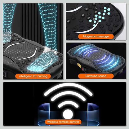 Plataforma vibratoria- capacidad 150 kilos para cuerpo completo de 99 y 120 velocidades, 5 modos, 2 ligas, imanes, pantalla, bluetooth, música, control remoto.