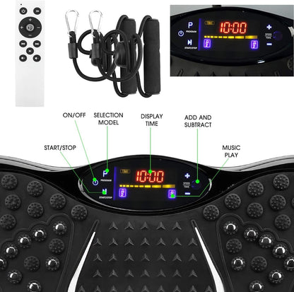 Plataforma vibratoria- capacidad 150 kilos para cuerpo completo de 99 y 120 velocidades, 5 modos, 2 ligas, imanes, pantalla, bluetooth, música, control remoto.