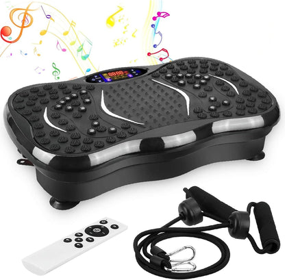 Plataforma vibratoria- capacidad 150 kilos para cuerpo completo de 99 y 120 velocidades, 5 modos, 2 ligas, imanes, pantalla, bluetooth, música, control remoto.
