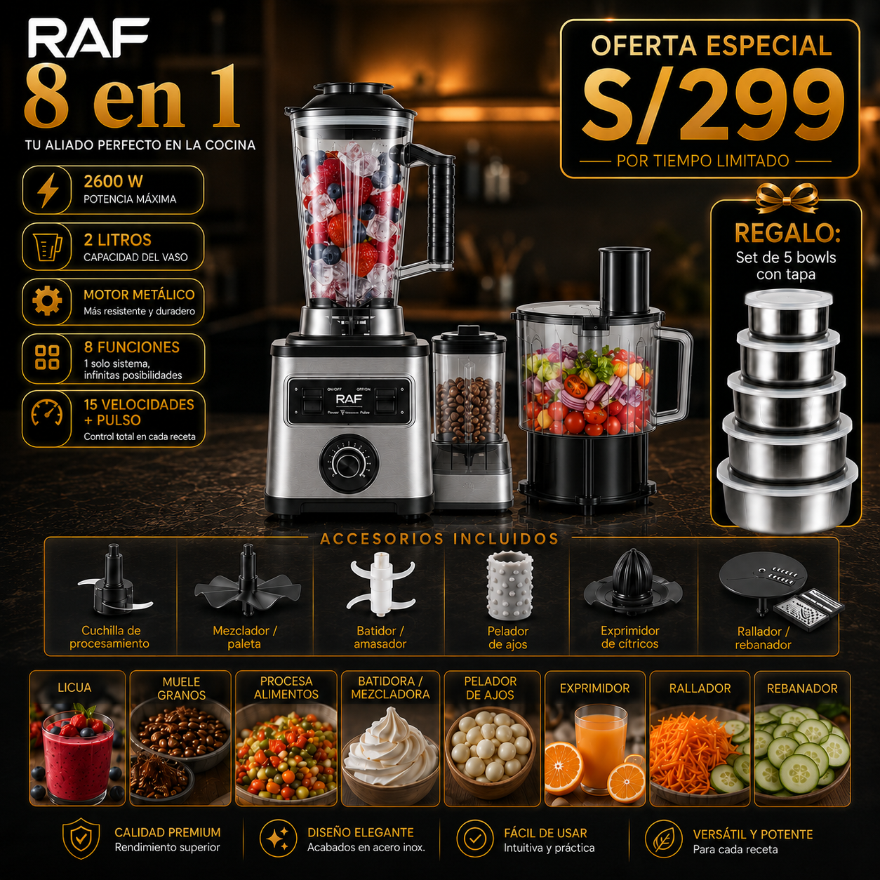 LICUADORA RAF 5 EN 1 - Semi Industrial 2600W, 3 Litros y 15 Velocidades