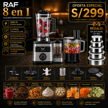 LICUADORA RAF 5 EN 1 - Semi Industrial 2600W, 3 Litros y 15 Velocidades