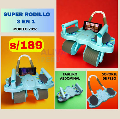 SUPER RODILLO ABDOMINAL DE 4 RUEDAS y 4 CODERAS + TABLERO DE FLEXIONES 3 EN 1