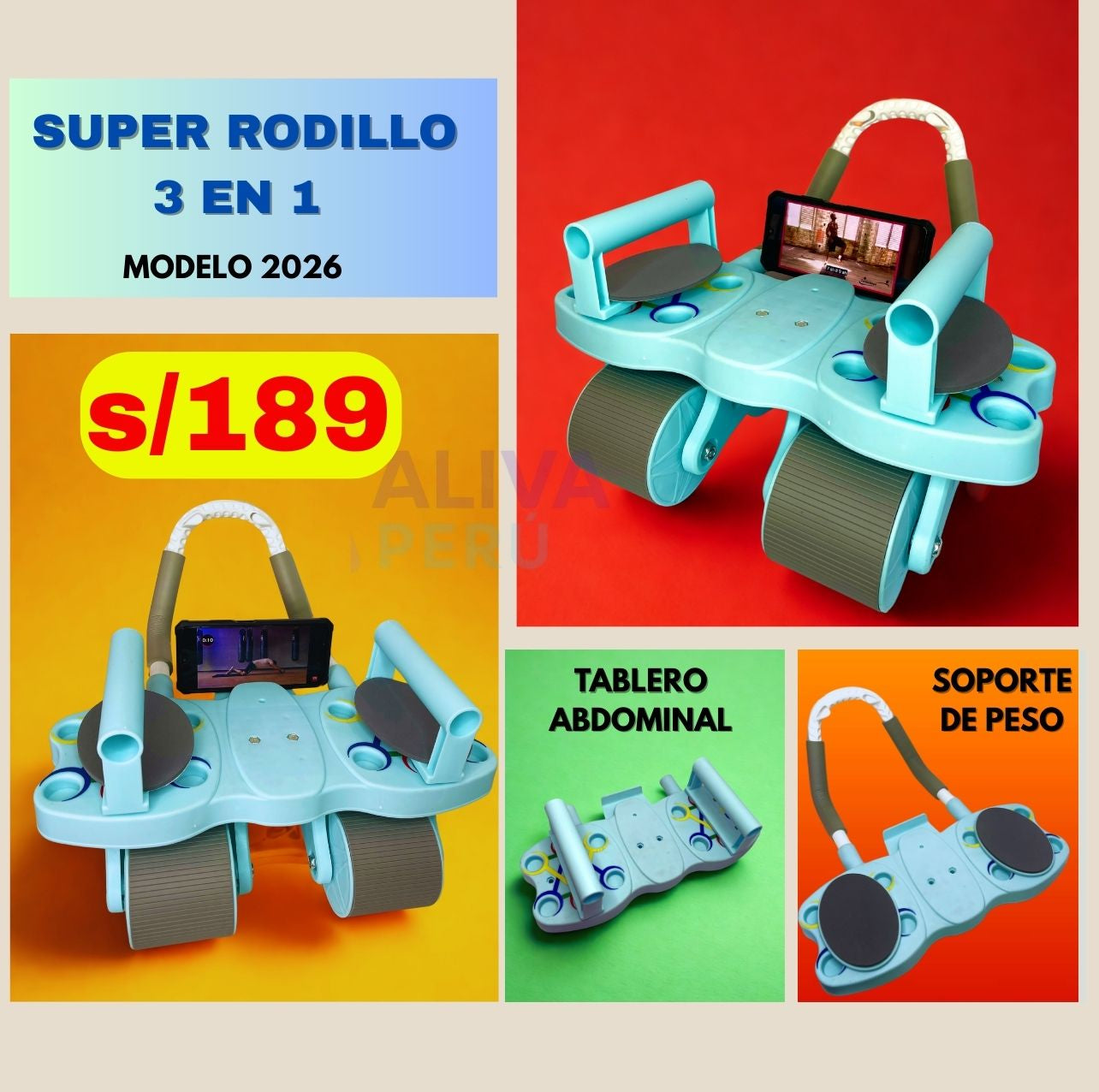SUPER RODILLO ABDOMINAL DE 4 RUEDAS y 4 CODERAS + TABLERO DE FLEXIONES 3 EN 1