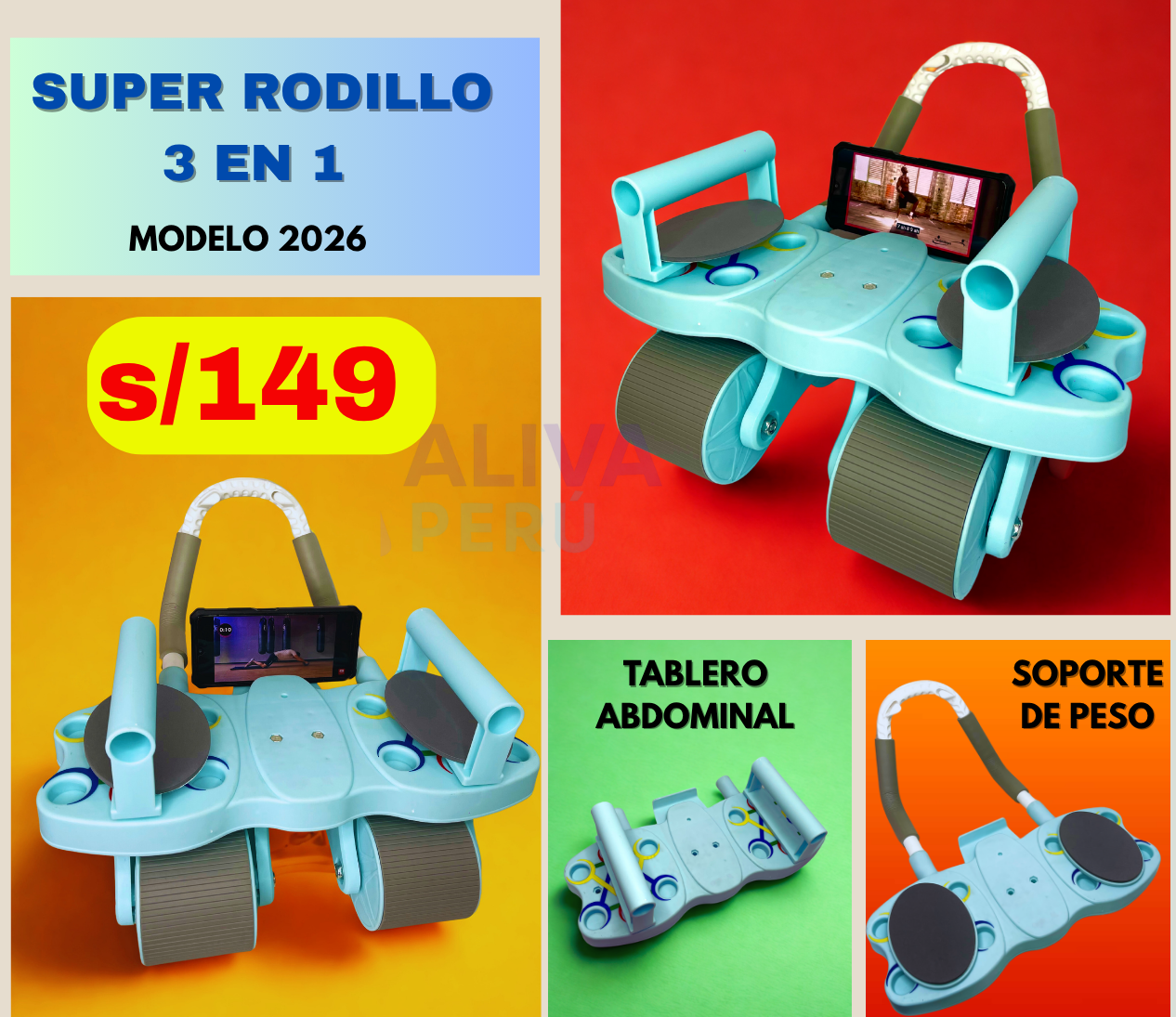 SUPER RODILLO ABDOMINAL DE 4 RUEDAS y 4 CODERAS + TABLERO DE FLEXIONES 3 EN 1