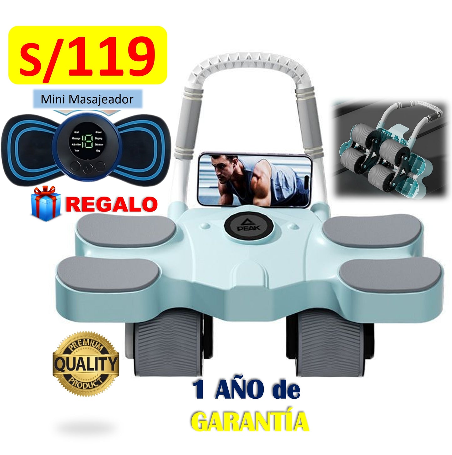 SUPER RODILLO ABDOMINAL DE 4 RUEDAS y 4 CODERAS + ACCESORIOS