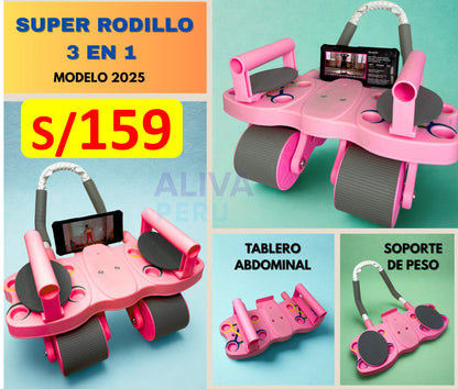 SUPER RODILLO ABDOMINAL DE 4 RUEDAS y 4 CODERAS + TABLERO DE FLEXIONES 3 EN 1