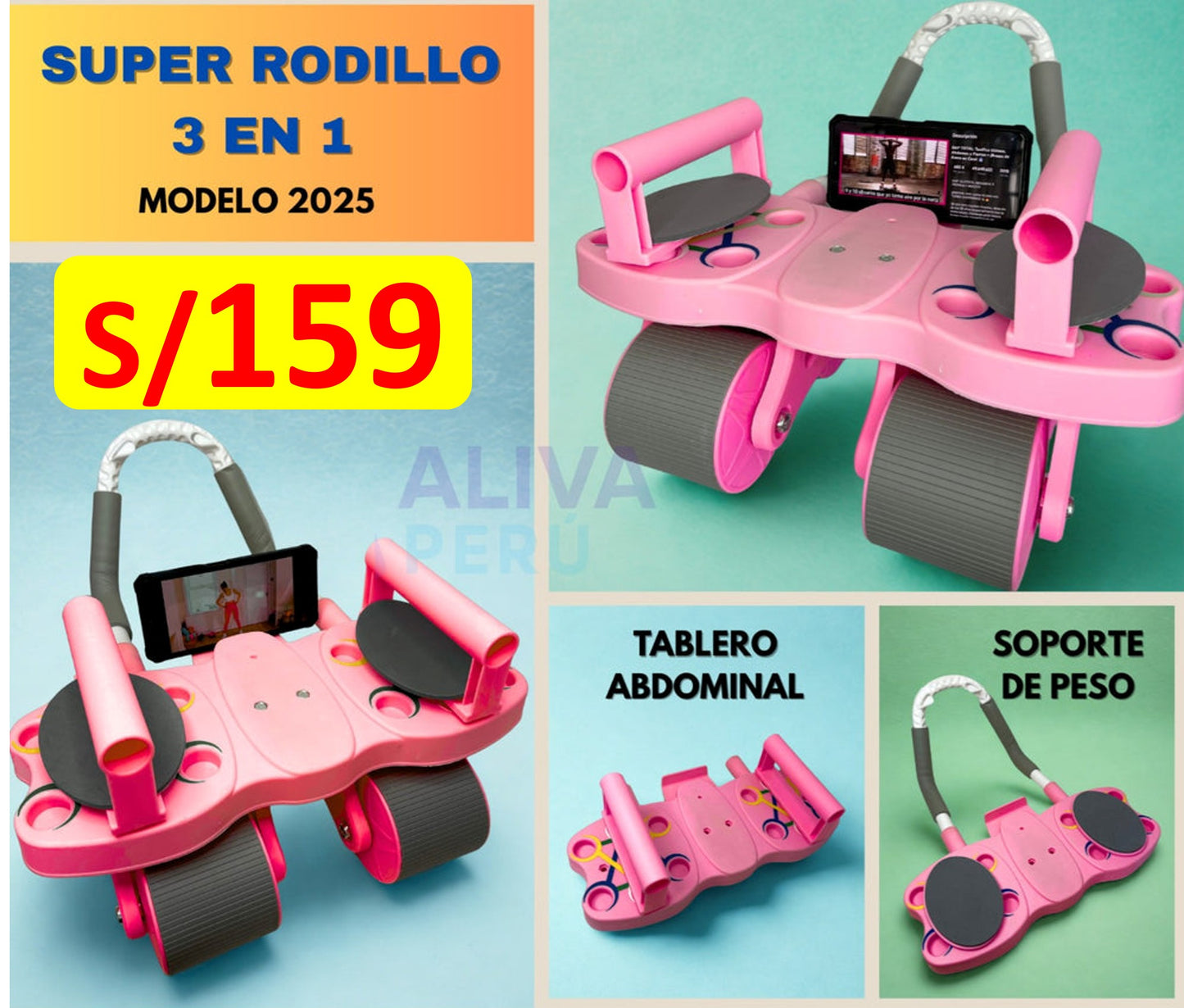 SUPER RODILLO ABDOMINAL DE 4 RUEDAS y 4 CODERAS + TABLERO DE FLEXIONES 3 EN 1