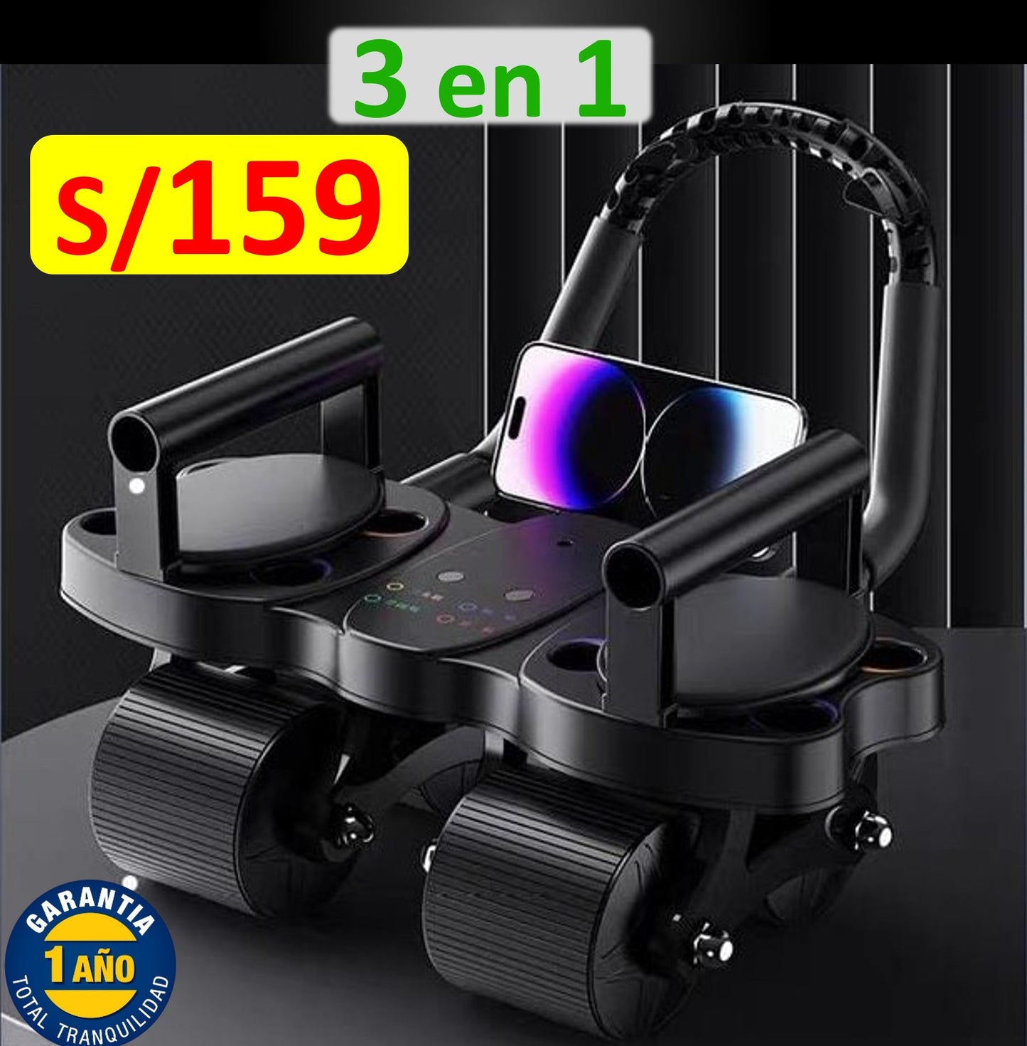 SUPER RODILLO ABDOMINAL DE 4 RUEDAS y 4 CODERAS + TABLERO DE FLEXIONES 3 EN 1