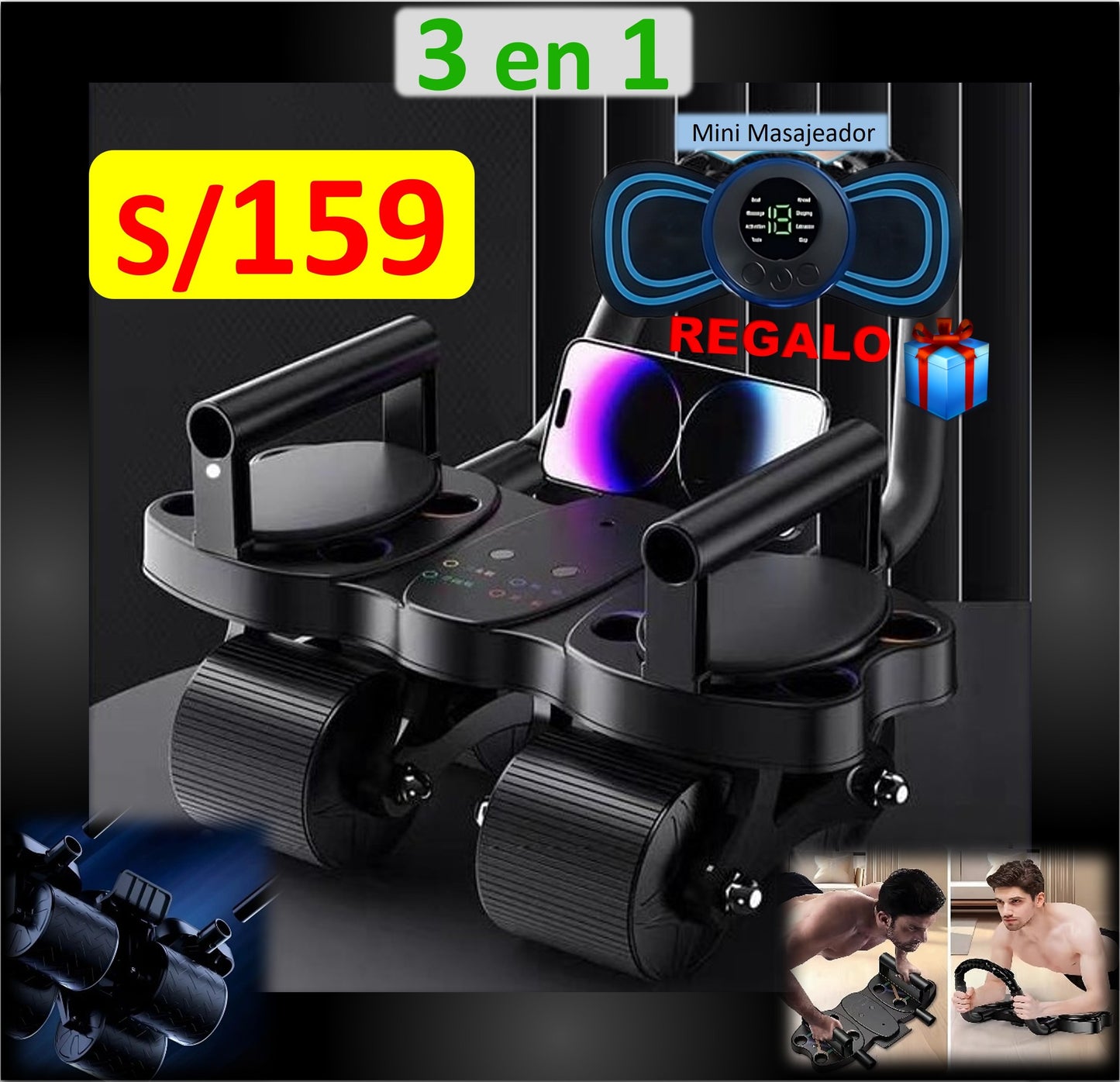 SUPER RODILLO ABDOMINAL DE 4 RUEDAS y 4 CODERAS + TABLERO DE FLEXIONES 3 EN 1