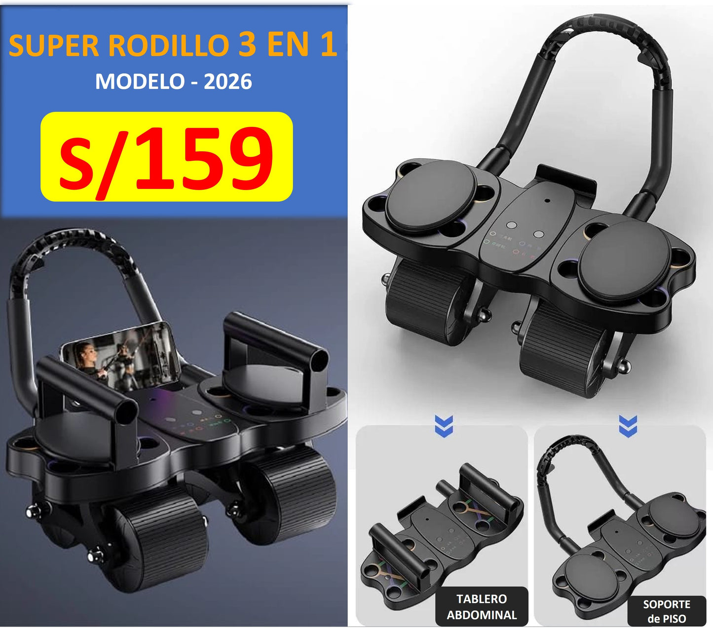 SUPER RODILLO ABDOMINAL DE 4 RUEDAS y 4 CODERAS + TABLERO DE FLEXIONES 3 EN 1