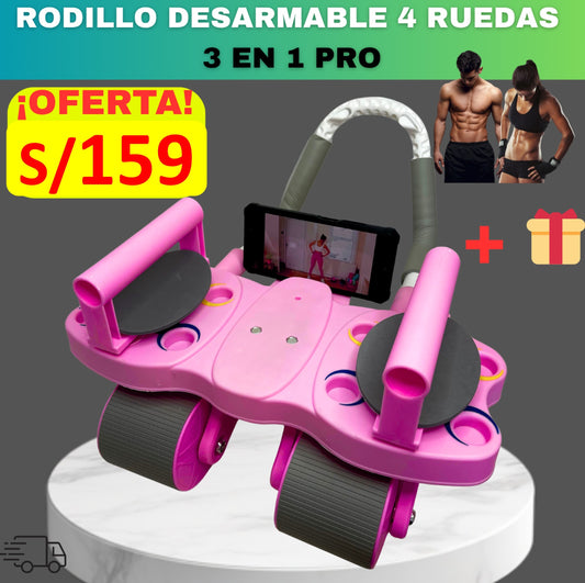 SUPER RODILLO ABDOMINAL DE 4 RUEDAS y 4 CODERAS + TABLERO DE FLEXIONES 3 EN 1