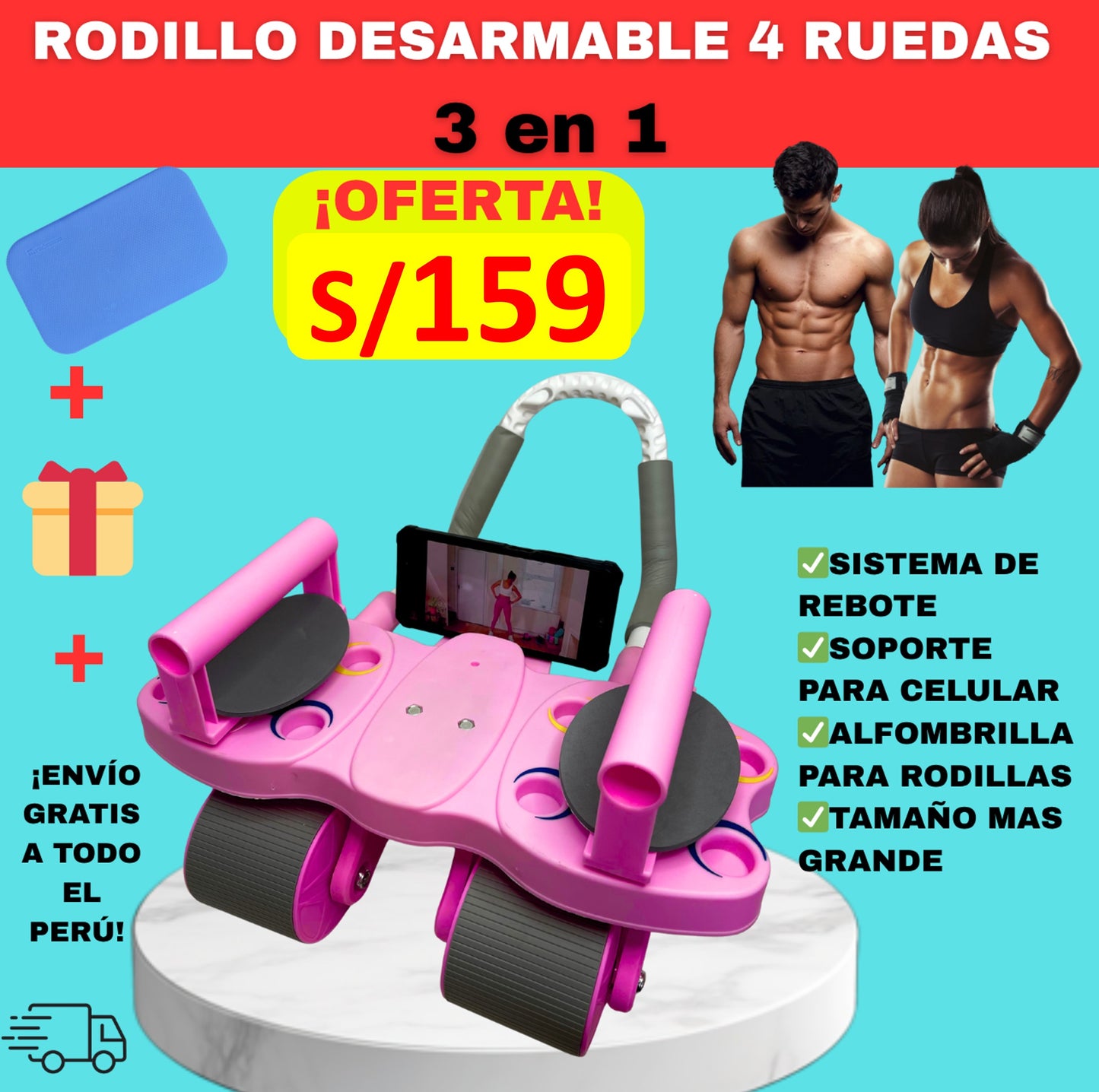 SUPER RODILLO ABDOMINAL DE 4 RUEDAS y 4 CODERAS + TABLERO DE FLEXIONES 3 EN 1