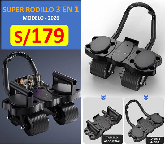 SUPER RODILLO ABDOMINAL DE 4 RUEDAS y 4 CODERAS + TABLERO DE FLEXIONES 3 EN 1