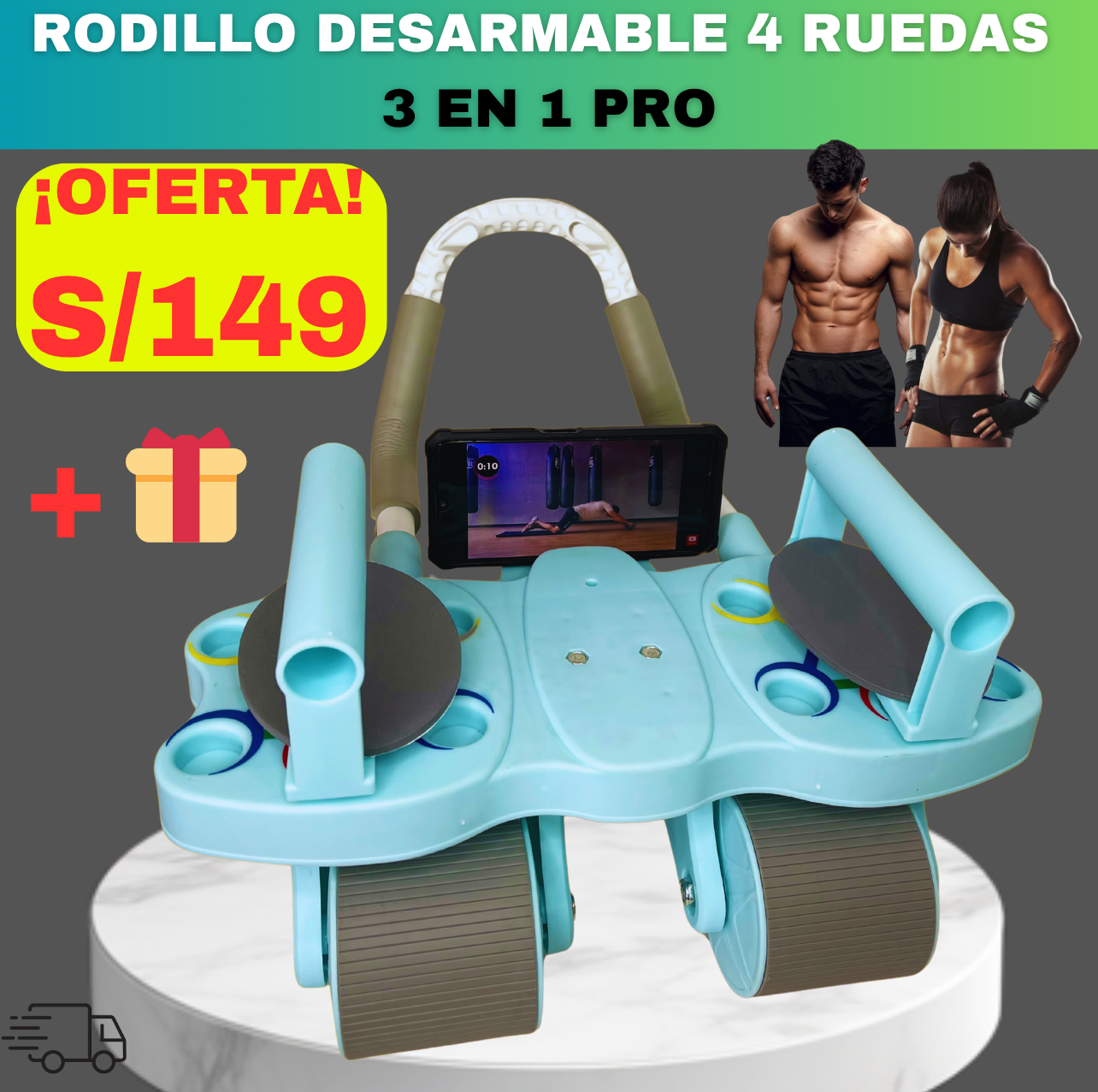 SUPER RODILLO ABDOMINAL DE 4 RUEDAS y 4 CODERAS + TABLERO DE FLEXIONES 3 EN 1