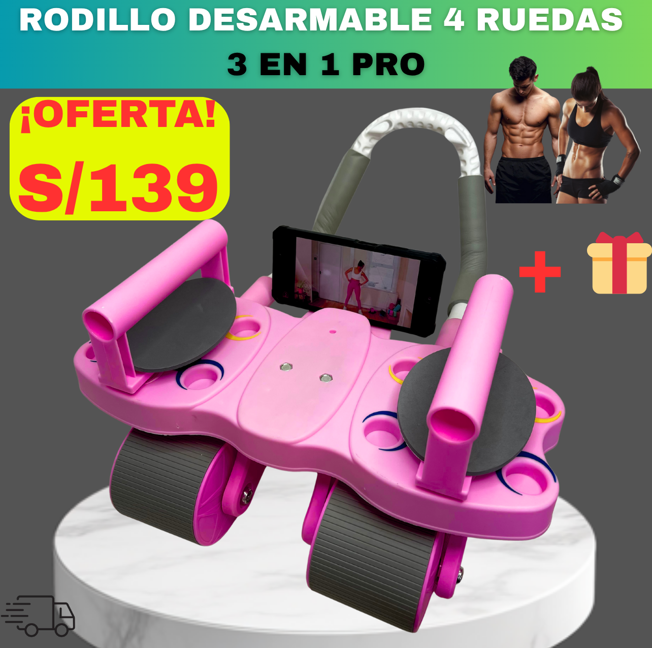 SUPER RODILLO ABDOMINAL DE 4 RUEDAS y 4 CODERAS + TABLERO DE FLEXIONES 3 EN 1