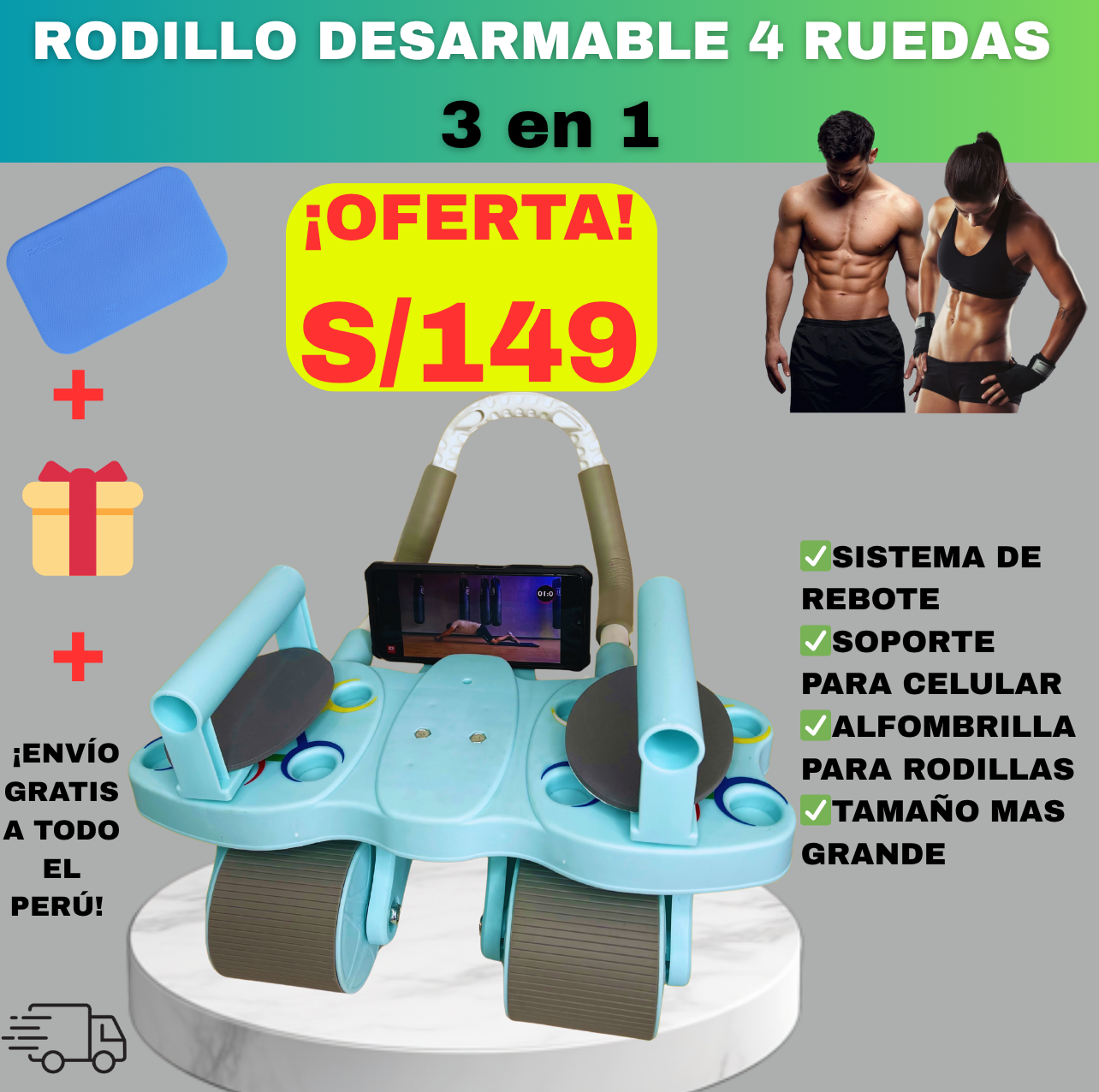 SUPER RODILLO ABDOMINAL DE 4 RUEDAS y 4 CODERAS + TABLERO DE FLEXIONES 3 EN 1