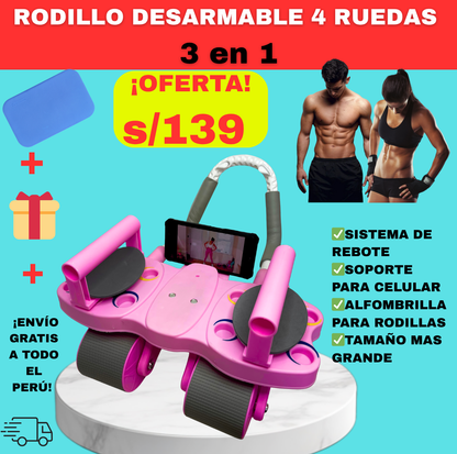 SUPER RODILLO ABDOMINAL DE 4 RUEDAS y 4 CODERAS + TABLERO DE FLEXIONES 3 EN 1