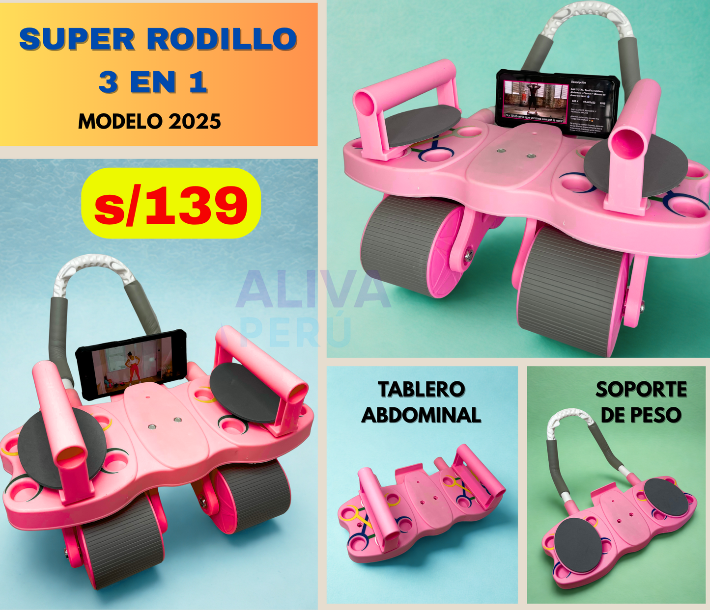 SUPER RODILLO ABDOMINAL DE 4 RUEDAS y 4 CODERAS + TABLERO DE FLEXIONES 3 EN 1