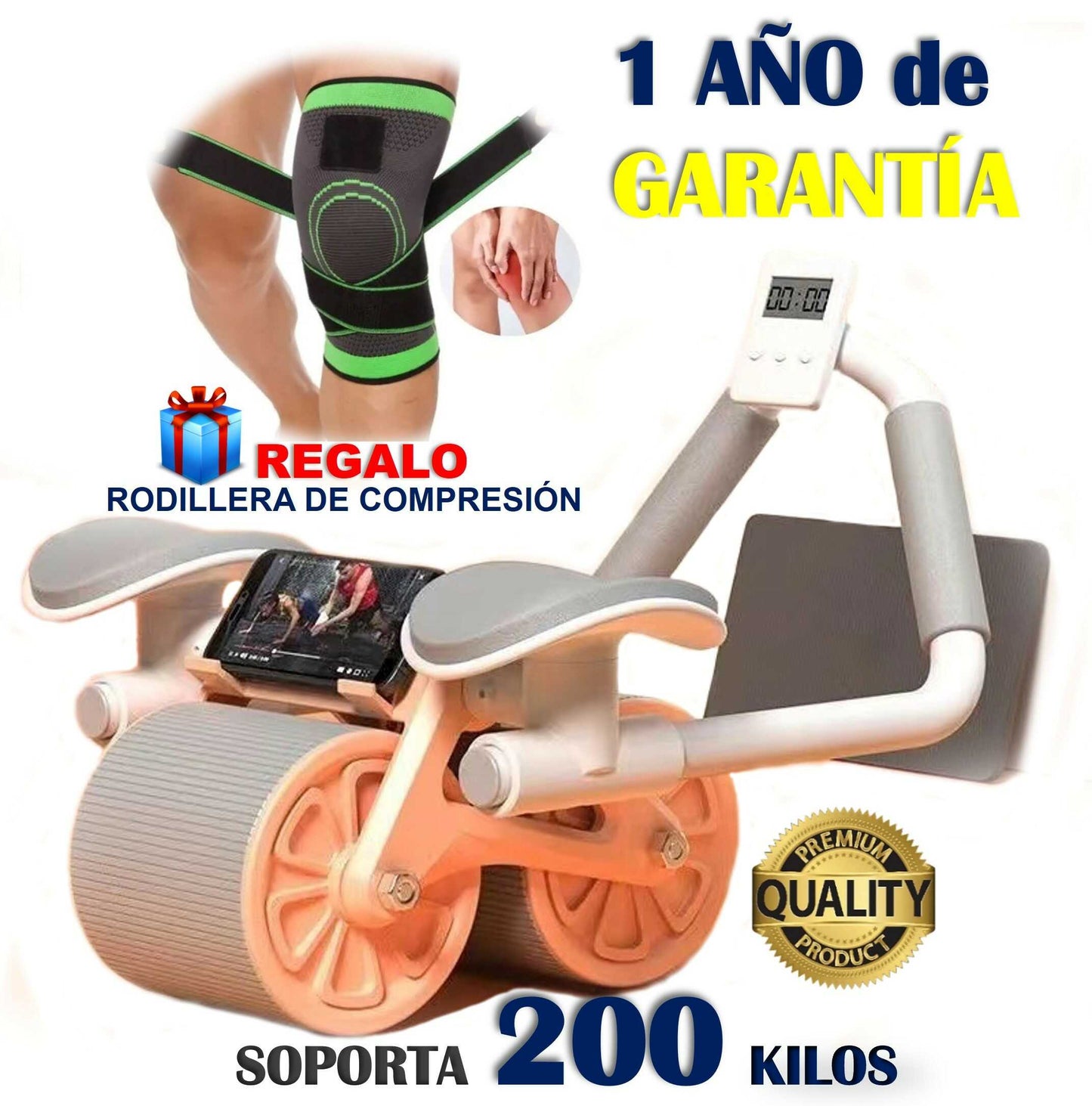 Rodillo 2024 para Abdominales con colchoneta, soporte para celular y pantalla digital.