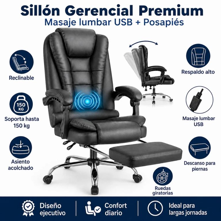 Sillón Masajeador Gerencial Berlín 707 negro, reclinable y con reposapiés