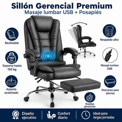 Sillón Masajeador Gerencial Berlín 707 negro, reclinable y con reposapiés