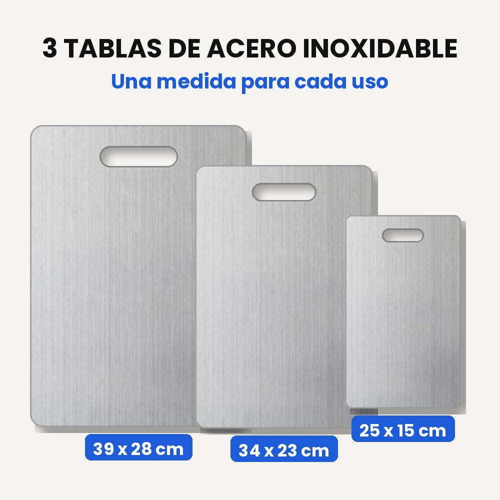 3 tablas de acero inoxidable: 39x28, 34x23 y 25x15 cm